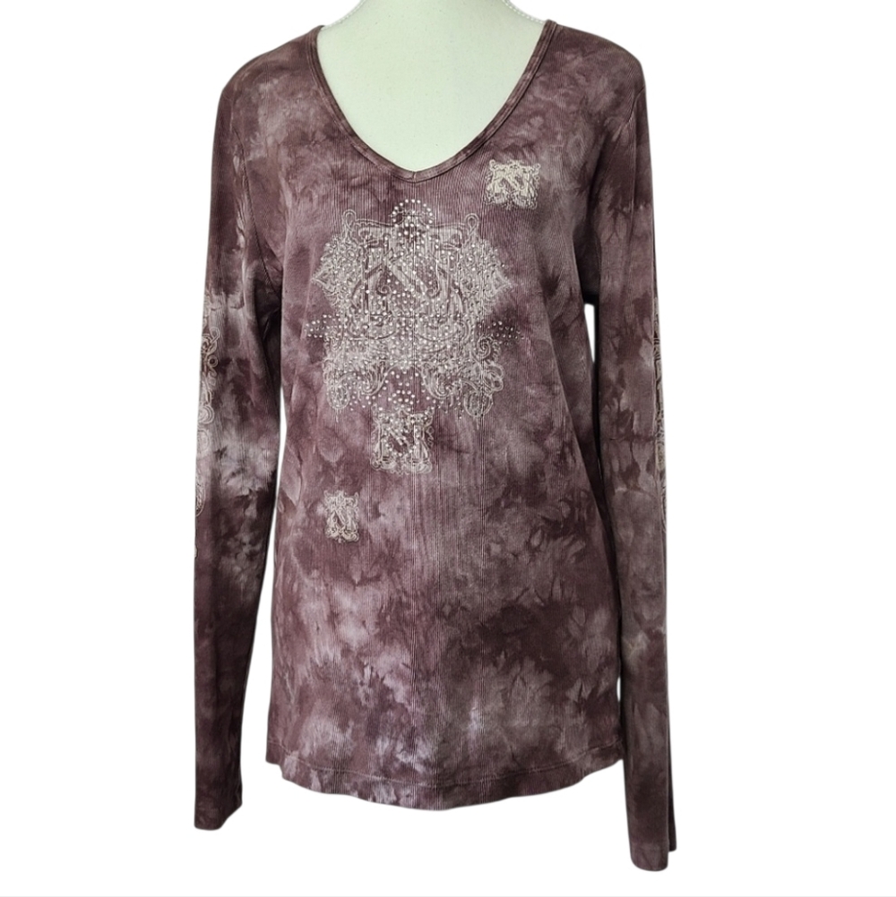 Sledge women's y2k grunge v-neck long sleeve tie dye shirt, sz XL (PTP 19 in)